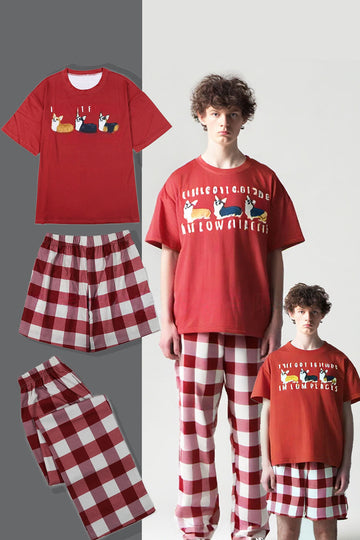Red Dog Printed Plaid Short Sleeves Matching Family Pajamas